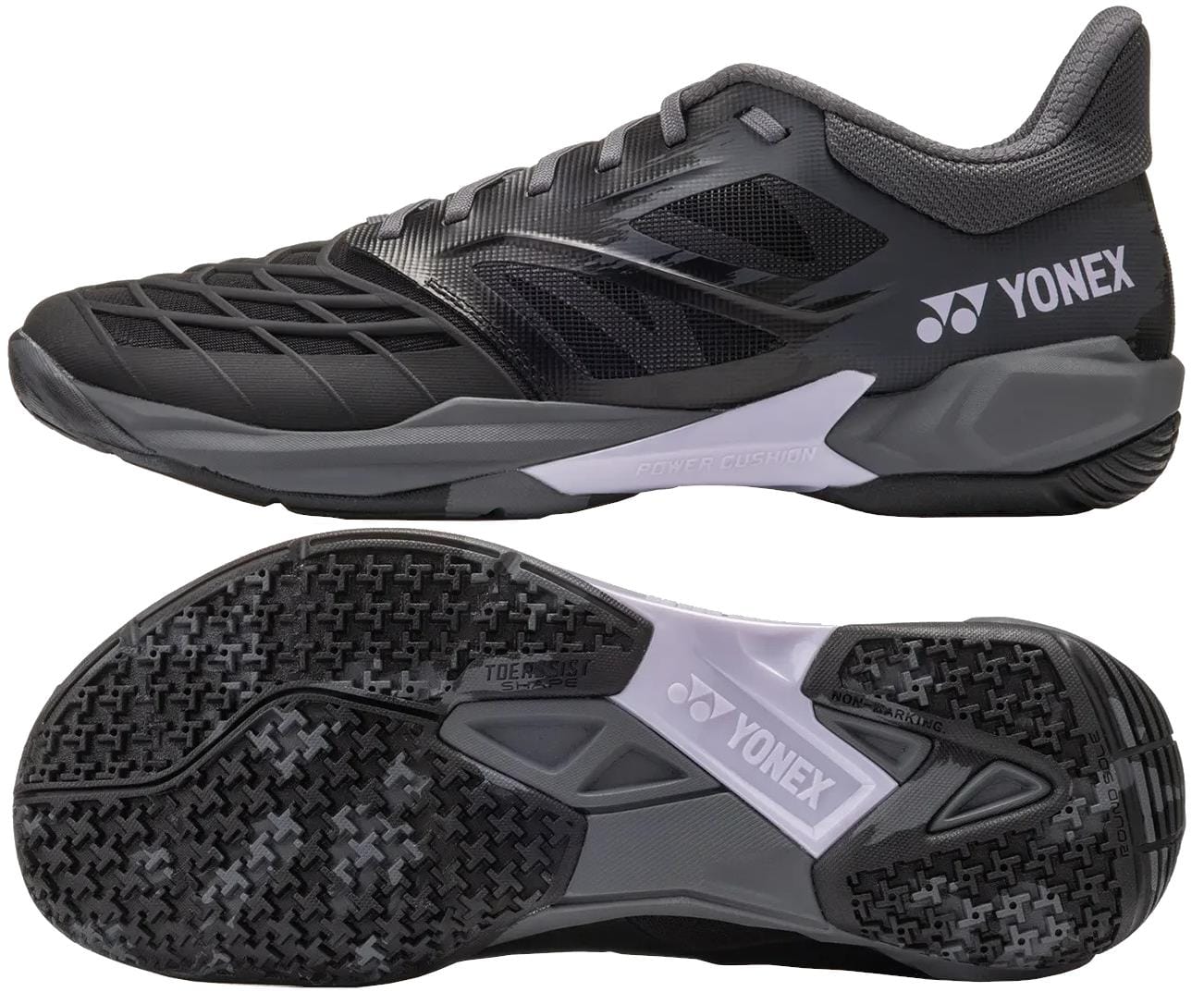 The Yonex Power Cushion Cascade Drive 3 Unisex Badminton Shoes in Black/Grey are shown from the side and bottom, with a textured upper, detailed tread, gray sole with Power Cushion tech, and Yonex branding.