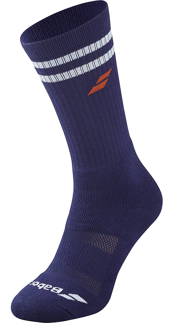 The Babolat Team Single Badminton Sock in Illusion Blue features two white stripes near the top, an orange logo on the side, and the Babolat brand name and logo in white near the toe—perfect for comfortable sports or badminton wear.
