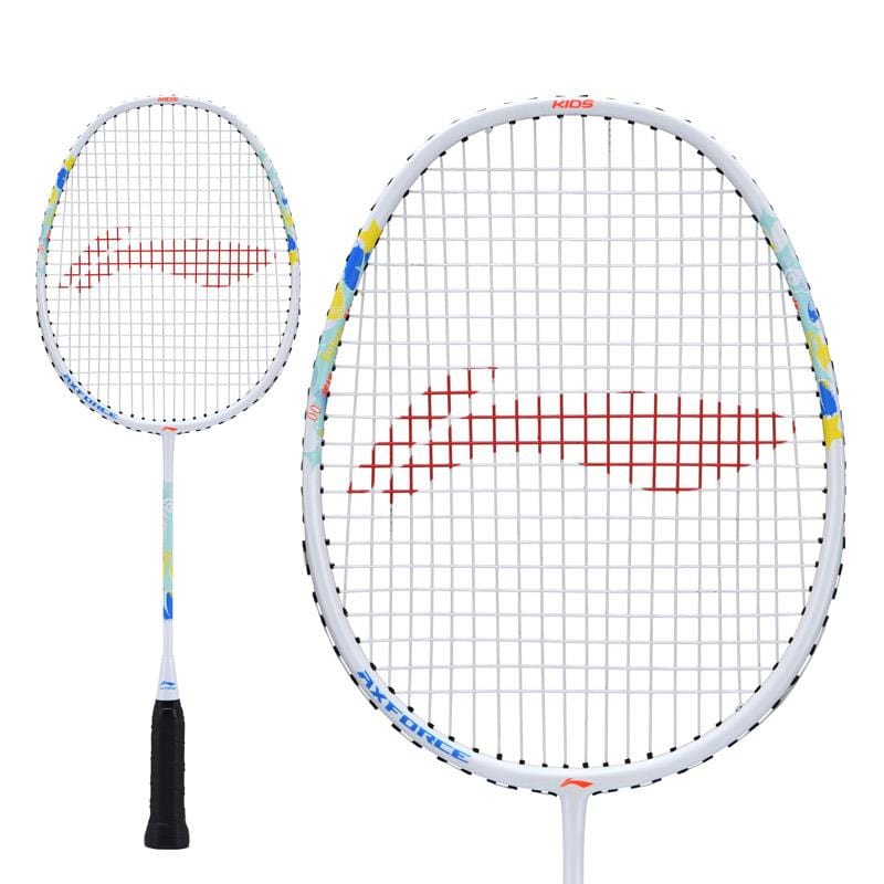 Explore two beginner-friendly badminton rackets from Li-Ning: a close-up of the Li-Ning Axforce Kids Badminton Racket in Pearl White, showcasing its lightweight frame adorned with colorful patterns and a red string design. In the background, another racket displays similar features, making them ideal for kids eager to dive into the game.