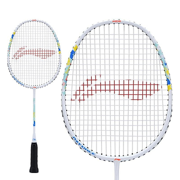 Explore two beginner-friendly badminton rackets from Li-Ning: a close-up of the Li-Ning Axforce Kids Badminton Racket in Pearl White, showcasing its lightweight frame adorned with colorful patterns and a red string design. In the background, another racket displays similar features, making them ideal for kids eager to dive into the game.
