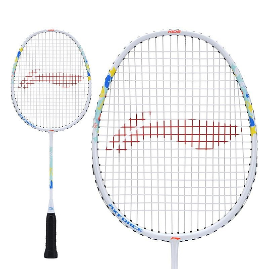 Explore two beginner-friendly badminton rackets from Li-Ning: a close-up of the Li-Ning Axforce Kids Badminton Racket in Pearl White, showcasing its lightweight frame adorned with colorful patterns and a red string design. In the background, another racket displays similar features, making them ideal for kids eager to dive into the game.
