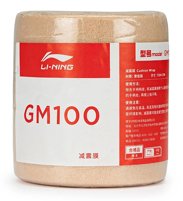 The Li-Ning GM100 Cushion Wrap Badminton Grip - Natural meets your needs with its shock-absorbing performance. The label features the Li-Ning brand logo and product name in red and white, along with text in English and Chinese.