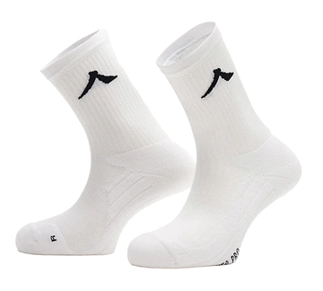The Kanso Neo Pro Performance Crew Badminton Socks in white feature a small black logo, cushioning, and ventilation channels for court comfort. Displayed upright against a white background.