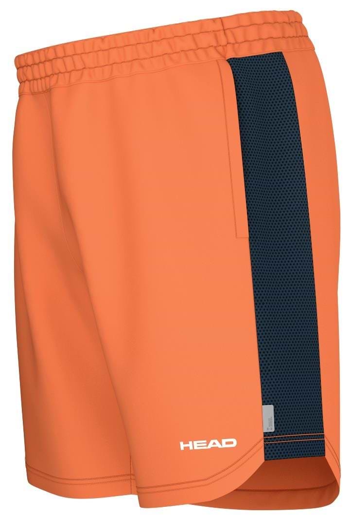 HEAD Power Men's Badminton Shorts - CN feature an elastic waistband, orange color with a vertical black mesh stripe, and "HEAD" printed in white near the hem. They offer super-stretchy comfort and moisture transfer technology for peak performance.
