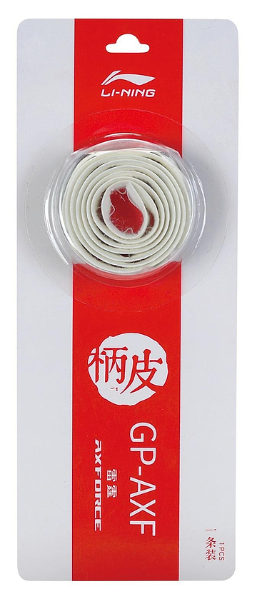 The Li-Ning GP-AXF Badminton Grip packaging showcases its white replacement grip on a bold red background, featuring cushioned comfort. Elegant English and Chinese text in red and white complement the design.