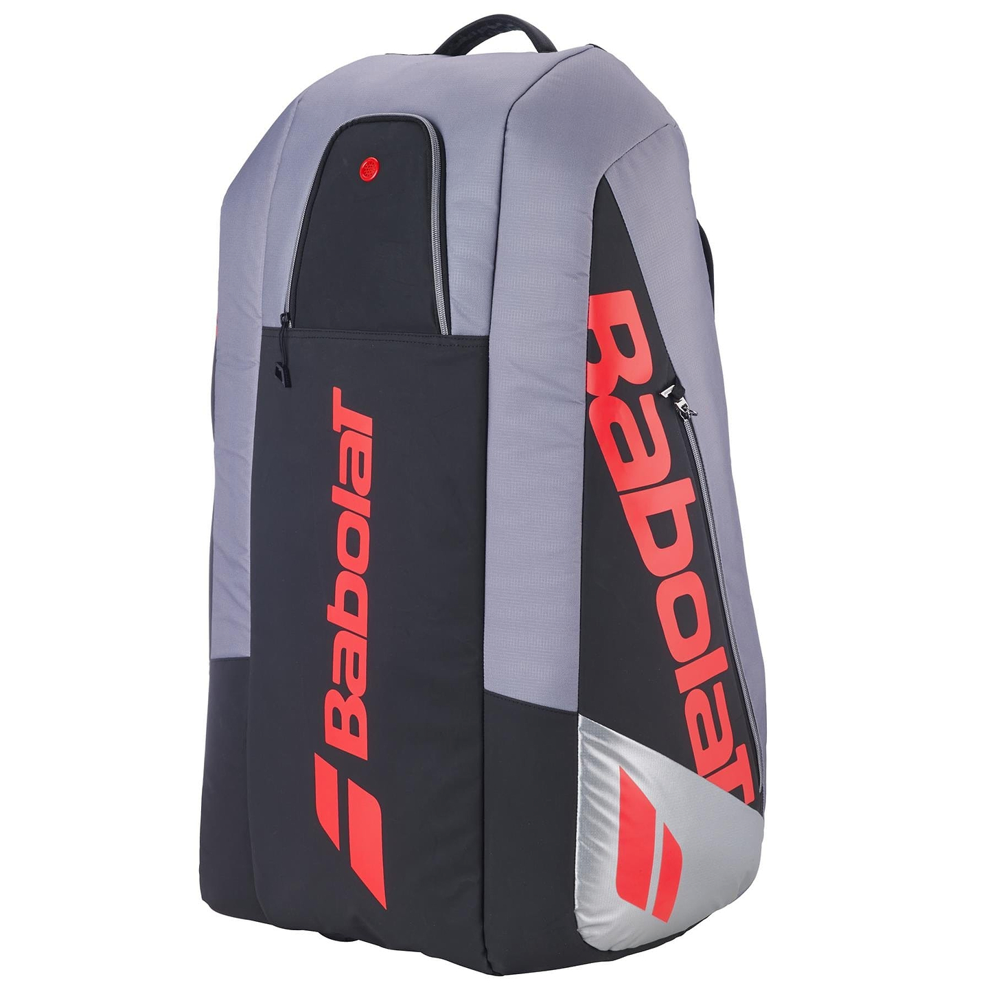 The Babolat RH9 Pure Strike 9 Racket Tennis Bag in Carbon Grey features water-repellent material, red branding, multiple compartments, and a top carry handle.