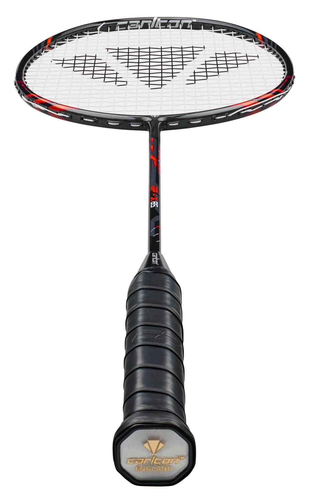 The Carlton GP-X 85 3U Badminton Racket in black/red features a white string bed, the Carlton England logo on the handle cap, and is crafted with Japanese High Modulus Graphite for advanced performance.