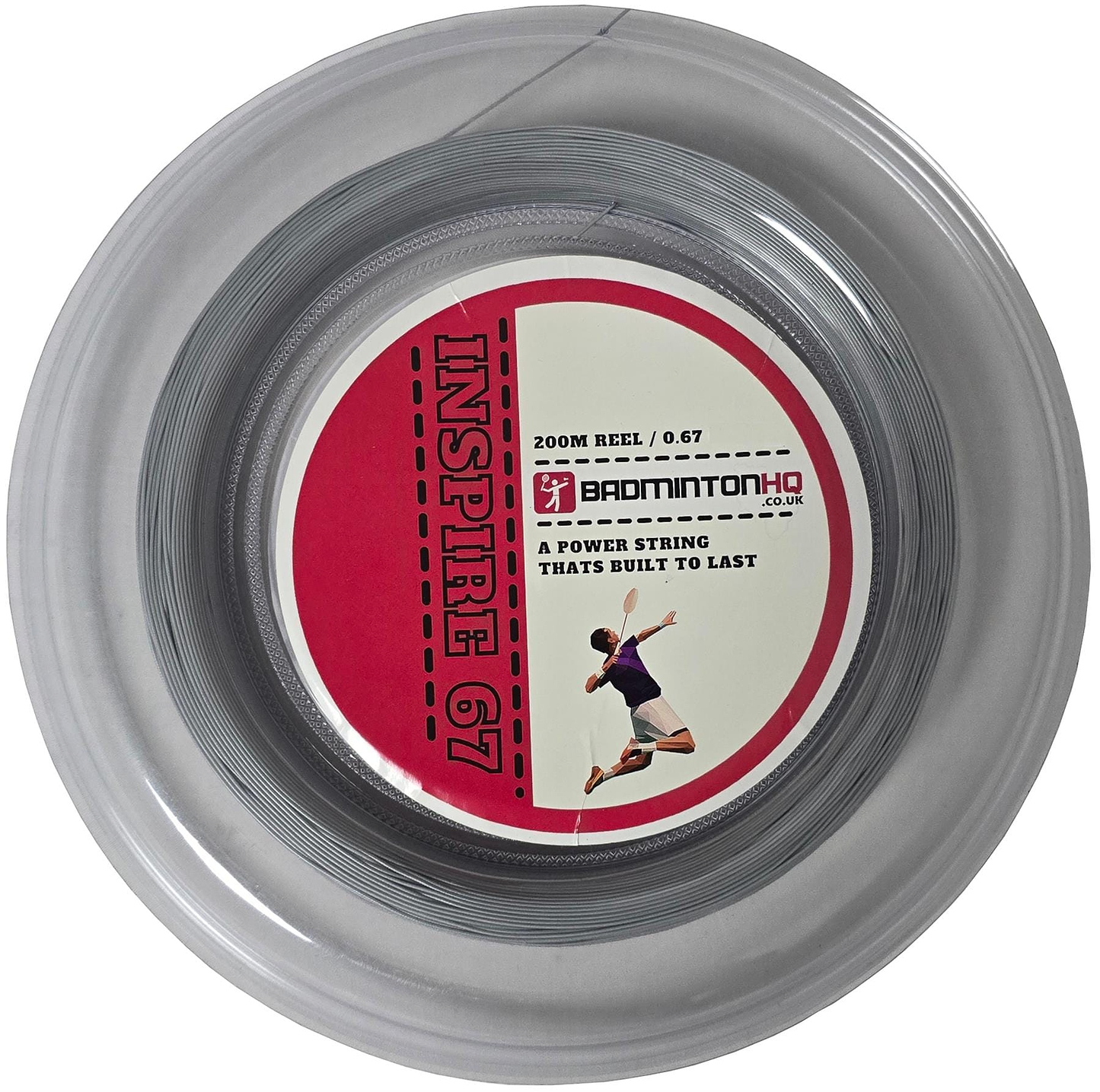 The BadmintonHQ Inspire 67 Zoom badminton string reel in light grey features "200m REEL / 0.67" on its design. Made from nylon multifilament, it offers power and durability, with an image displaying a player in a jump smash pose to embody excellence.