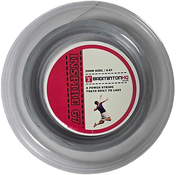 The BadmintonHQ Inspire 67 Zoom badminton string reel in light grey features "200m REEL / 0.67" on its design. Made from nylon multifilament, it offers power and durability, with an image displaying a player in a jump smash pose to embody excellence.