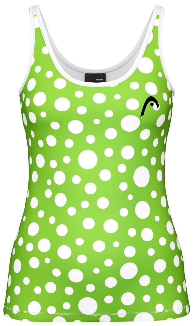 The HEAD Spirit II Womens Badminton Tank Top - IGXR, by HEAD, is green with various-sized white circles and a small black logo on the left chest. It features moisture transfer microfiber for enhanced cooling technology.