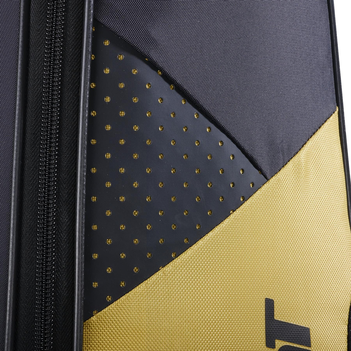 Close-up of the Babolat Backrack 3 Badminton Bag by Babolat, featuring black, dark grey, and yellow panels with small yellow dots on black and a vertical zipper along the left side.