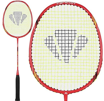 The Carlton Tru-Storm ASi 200 Badminton Racket features a durable red frame, yellow strings, and a black geometric logo on the head, shown in full and close-up views.