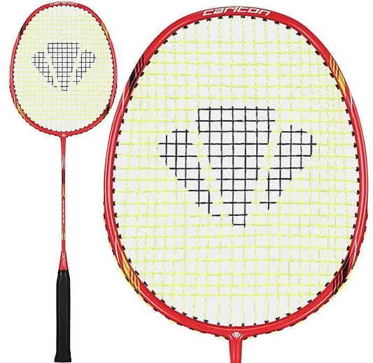 The Carlton Tru-Storm ASi 200 Badminton Racket features a durable red frame, yellow strings, and a black geometric logo on the head, shown in full and close-up views.