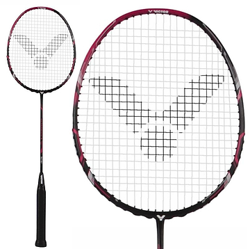 The Victor Ultramate 8 4U badminton racket features a black handle and eye-catching magenta accents on the frame. Its head-heavy balance complements strings displaying the Victor logo, shown in full view with a close-up of its precisely crafted head.