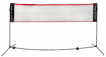 The Sure Shot Badminton 3m Net And Post Set features a lightweight, adjustable-height net with black posts and a white mesh center accented by red trim. "Sure Shot" branding adorns the sides, and it includes an easy-to-assemble frame for versatile play.
