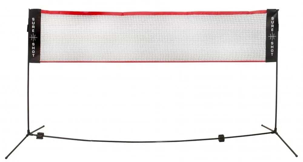 The Sure Shot Badminton 3m Net And Post Set features a lightweight, adjustable-height net with black posts and a white mesh center accented by red trim. "Sure Shot" branding adorns the sides, and it includes an easy-to-assemble frame for versatile play.