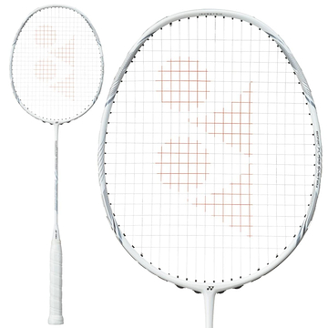 The Yonex Nanoflare Nextage 4U Badminton Racket in White/Grey features a white handle and orange logo pattern on the strings—shown in full and close-up views—making it perfect for intermediate players.