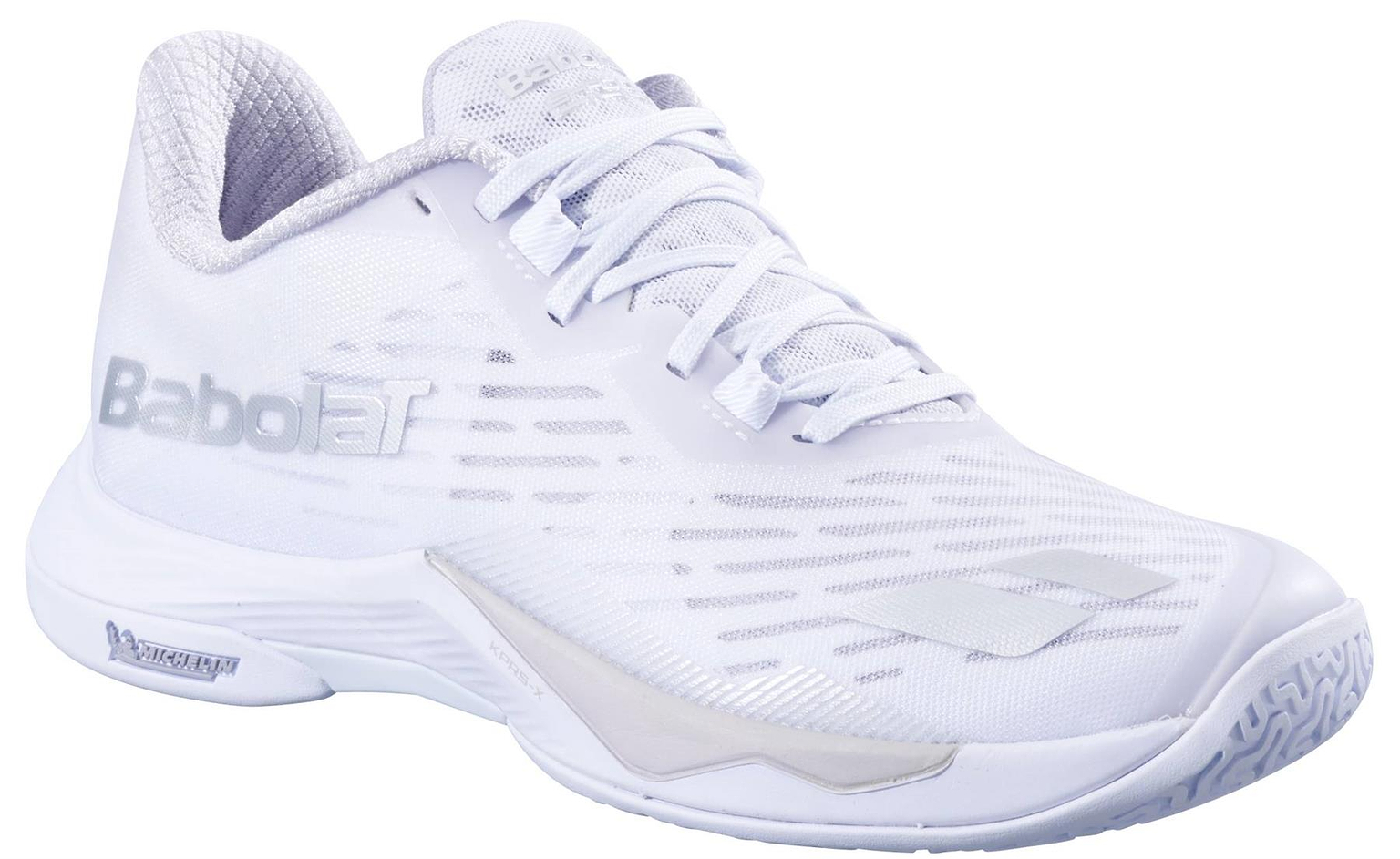 The Babolat Shadow Tour 5 Women’s Badminton Shoes – White feature a textured sole for excellent indoor grip, a breathable mesh upper, white laces, and the Babolat logo—designed for top on-court performance.