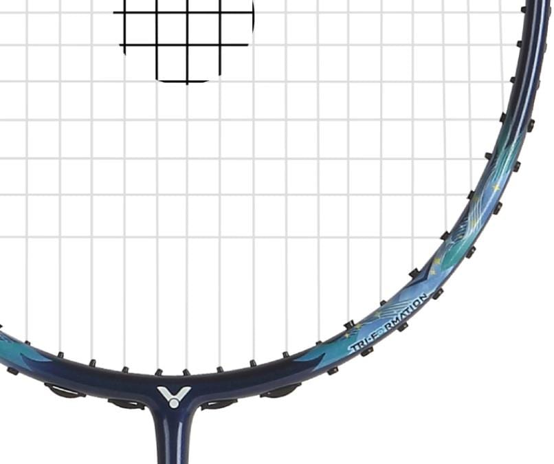 A close-up of the Victor Thruster Merak B 4U Badminton Racket in black/blue, featuring Nano Fortify SR graphite, focuses on the stringed area and part of the frame with the "Victor" brand name visible on the right.