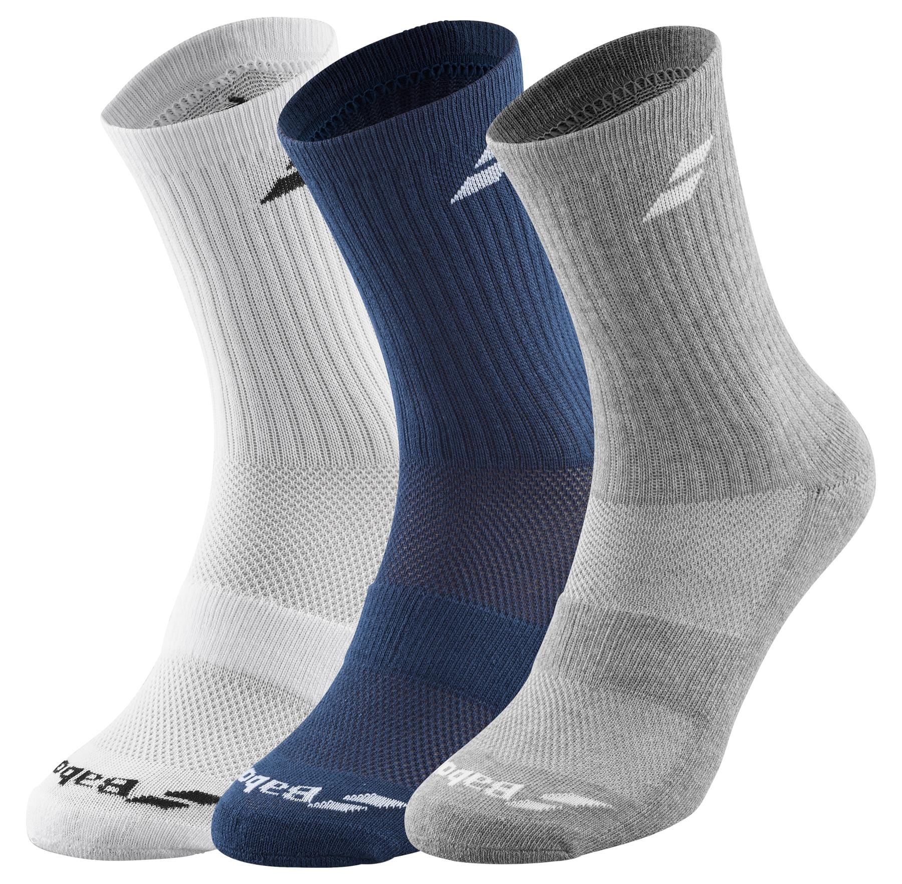 Side by side are three pairs of the Babolat Long 3 Pack Badminton Socks in white, blue, and gray. Each pair showcases ribbed cuffs and a subtle logo near the top. The white and gray socks include ventilated zones for enhanced comfort and support, featuring additional logos near the toes.