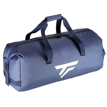 The Tecnifibre Tour Endurance 2023 Badminton Rackpack is a spacious navy blue bag with black handles and a zipper closure, ideal for badminton enthusiasts. It features a white geometric logo on its side for added style.