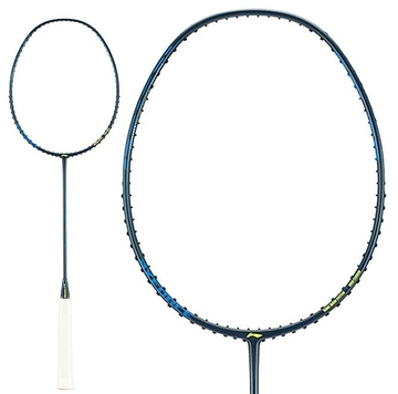 The Li-Ning Axforce 10 4U badminton racket from Li-Ning, in indigo, features a dark frame with a white grip and an oval-shaped head. Visible strings are enhanced by blue and green accents, highlighting its innovative Sonic Boom System in a close-up of the racket head alongside the full racket.