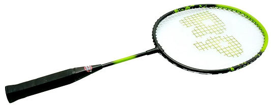 Ideal for young players, the Sure Shot The Racket Pack Smash 21 Inch Badminton Racket in green showcases a sleek black and green shaft with a black grip. Its partial logo on the strings and vibrant green rim feature striking black and green accents.