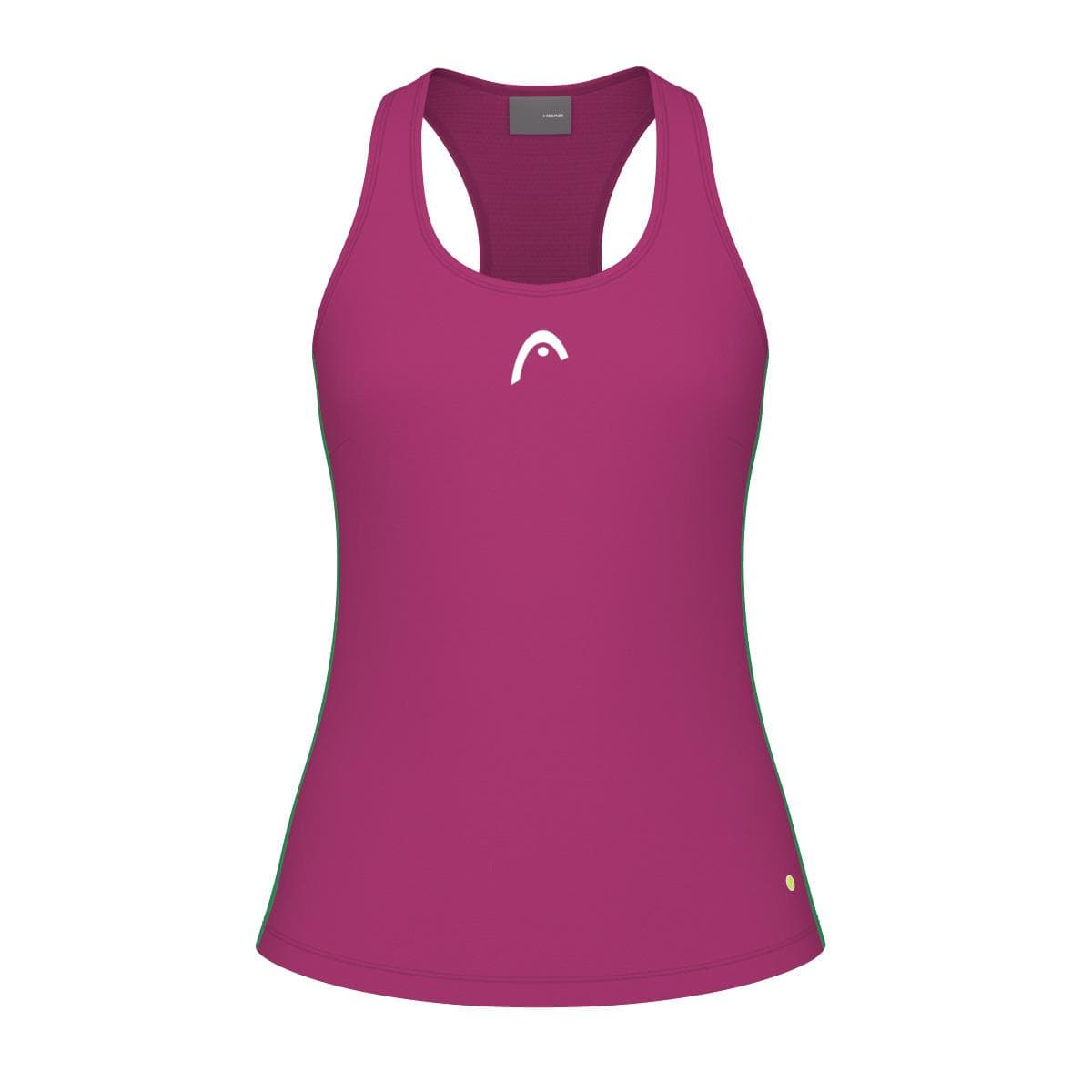 Introducing the HEAD Spirit Women's Badminton Tank Top in Vivid Pink. This sleeveless tank top boasts a racerback design and sports a small white logo on the chest. Crafted from moisture transfer microfibre fabric, it offers comfort and performance with its smooth finish.