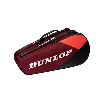 The Dunlop CX Club 6 Badminton Racket Bag, featuring a bold black and red color scheme, prominently displays the Dunlop brand name. This bag's sleek, aerodynamic design provides ample space, making it an ideal choice for both tennis and badminton racket fans. With its convenient carrying handle, it enhances practicality.