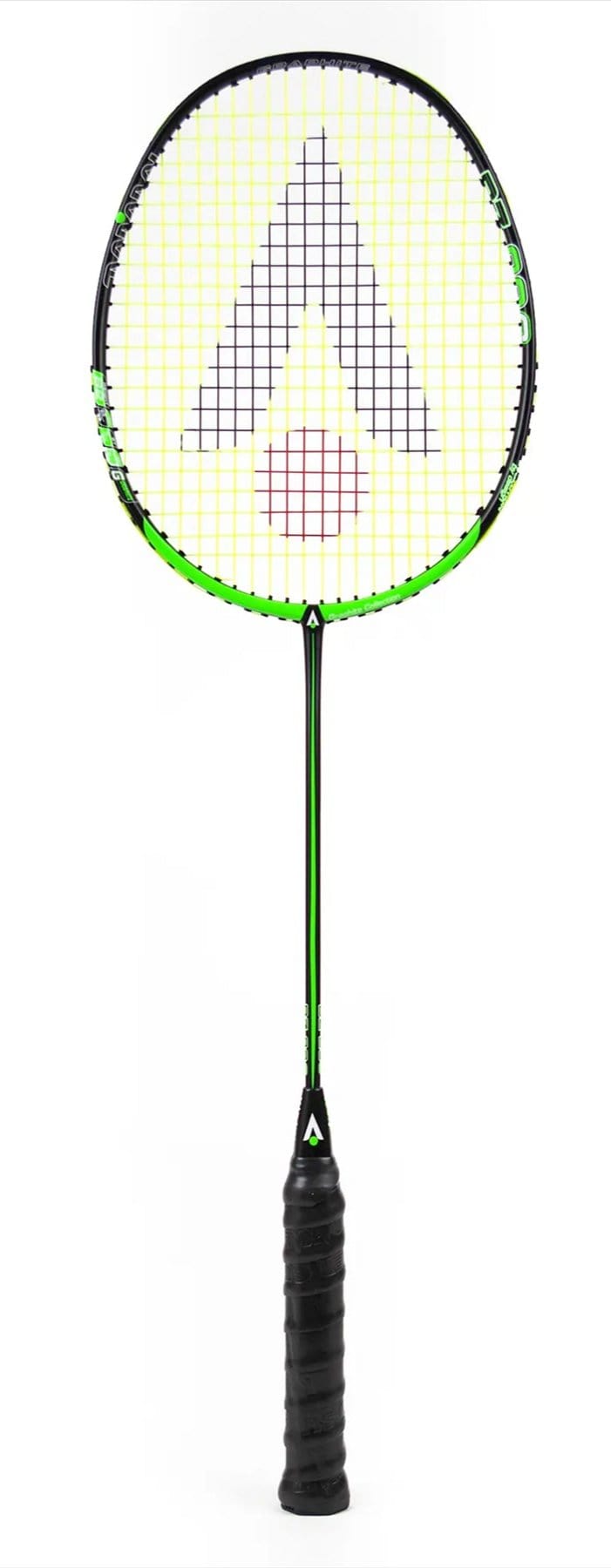 The Karakal Black Zone BZ 20 2.1 badminton racket showcases a black and green frame with an isometric head, featuring strings in a striking yellow, black, and red triangular pattern over a crisp white background.