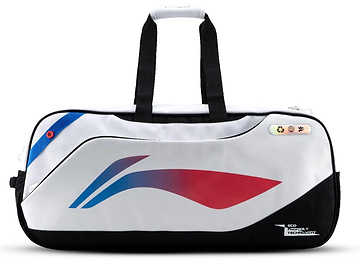 The Li-Ning Competition 6 Racket Badminton Bag - White / Black features black handles and bottom, blue and red curved side designs, and an "Eco Friendly Technology" label—perfect for stylishly carrying your rackets.