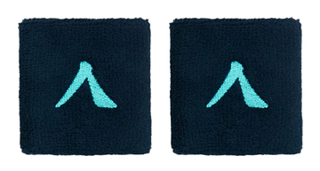 The Kanso 7cm Wristband - 2 Pack - Navy ensures maximum comfort, showcasing two navy bands with a teal 'A' logo on absorbent fabric, elegantly presented side by side.