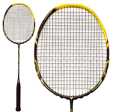 The image displays the Victor Ultramate 9 Badminton Racket in black and yellow, featuring a high-carbon frame. It includes a close-up of the racket's oval head and a full view that emphasizes its handle and design details.