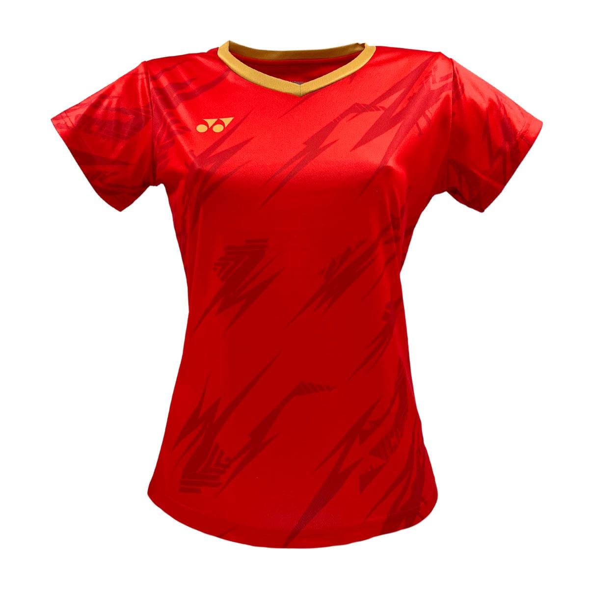 The Yonex YTL8 Women's Badminton T-Shirt in Red/Gold features a geometric pattern with short sleeves, a yellow collar, and a small upper left-side logo. Made from moisture-wicking polyester, it's designed for performance and perfect for badminton enthusiasts.