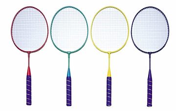 Four Sure Shot Sportline Mini Badminton Rackets stand upright in a row, each featuring white strings and vibrant grips—red, green, yellow, and blue—that match their frames. Designed for durability, this Sure Shot set is perfect for young athletes eager to play.