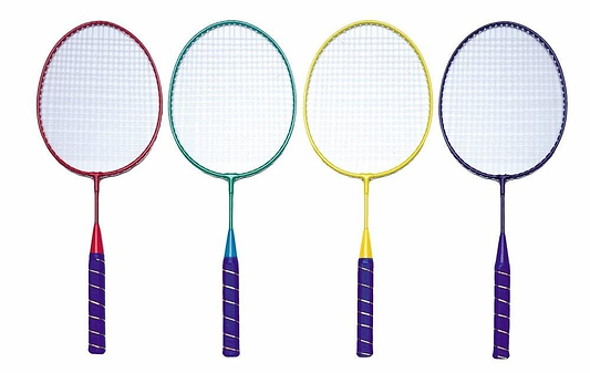 Four Sure Shot Sportline Mini Badminton Rackets stand upright in a row, each featuring white strings and vibrant grips—red, green, yellow, and blue—that match their frames. Designed for durability, this Sure Shot set is perfect for young athletes eager to play.