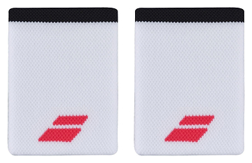 A pair of white wristbands with black tops, emblazoned with a red geometric logo. These Babolat Jumbo Logo Wristbands in White/Strike Red are designed to be soft and absorbent, offering the ideal comfortable sports accessory for fitness enthusiasts.