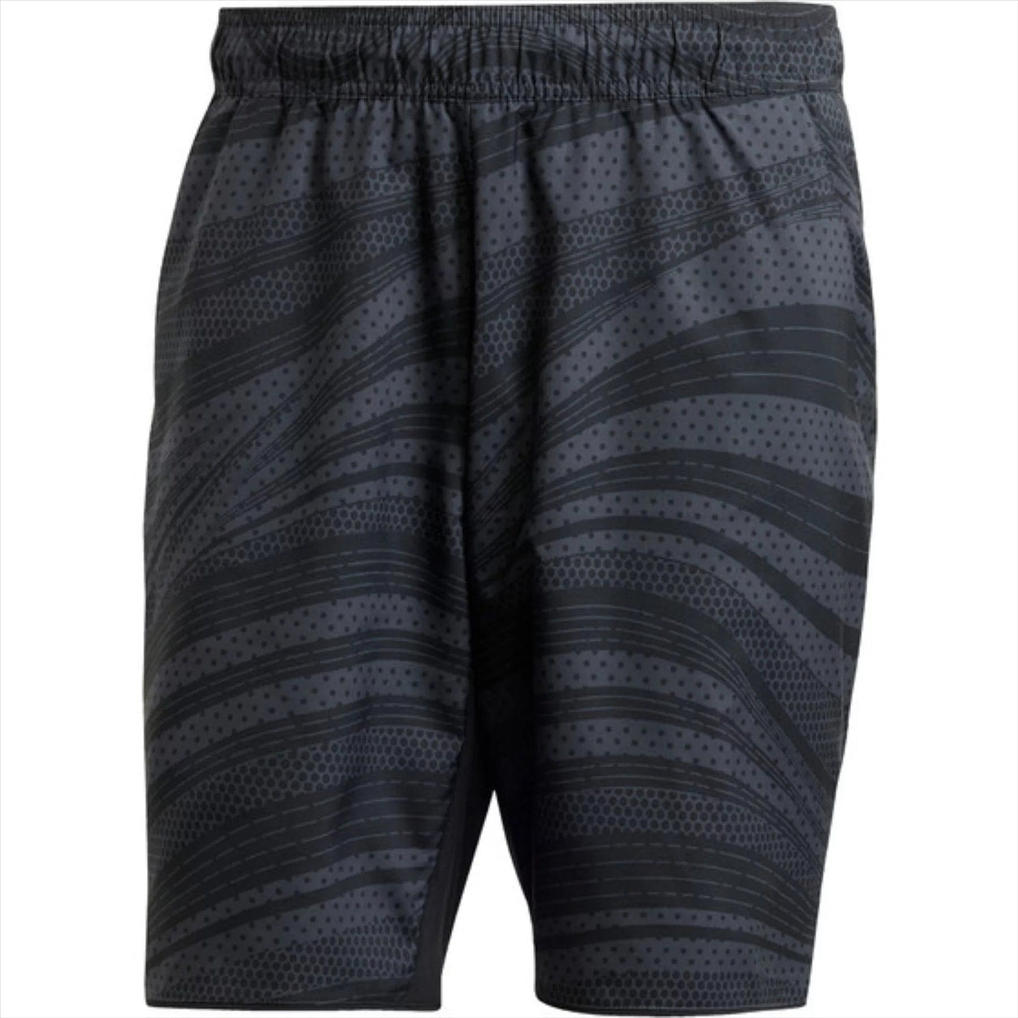 The ADIDAS Club Graphic Men's Badminton Shorts in black, featuring an abstract pattern and crafted from recycled materials, combine comfort and sustainability with an elastic waistband and AEROREADY technology for any activity.