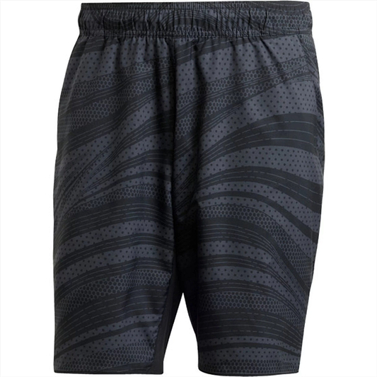 The ADIDAS Club Graphic Men's Badminton Shorts in black, featuring an abstract pattern and crafted from recycled materials, combine comfort and sustainability with an elastic waistband and AEROREADY technology for any activity.