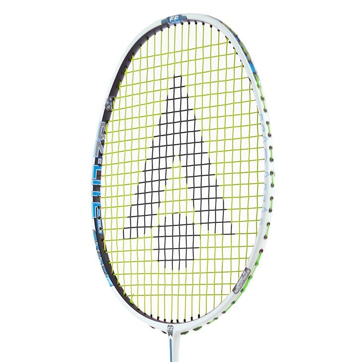 The Karakal Black Zone BZ Lite Badminton Racket displays its white frame and green strings. A bold black "A" on the strings complements the "Razor" and "Code" branding on the side, incorporating Muscle Tec technology for enhanced performance.