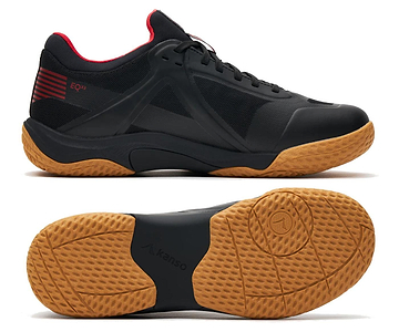 The Kanso Equilibrium EQx3 shoes feature a black, red-accented design with a gum sole and red inner lining, ideal for badminton players. The Speedlight foam in the sole offers superior traction, with "Kanso" visibly branded on the outsole.