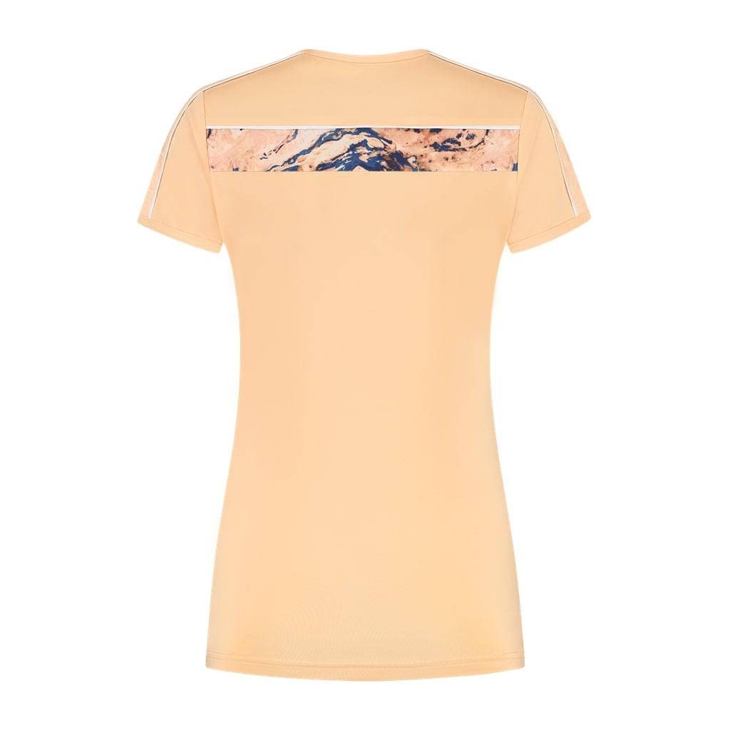 The K-Swiss Hypercourt Crew Tee 3 Women's Badminton T-Shirt in Peach Fuzz showcases a back view of its slim fit design, featuring short sleeves and a stylish blue and beige abstract stripe pattern across the upper back. White piping along the shoulders adds a touch of elegance, offering both style and comfort for women.