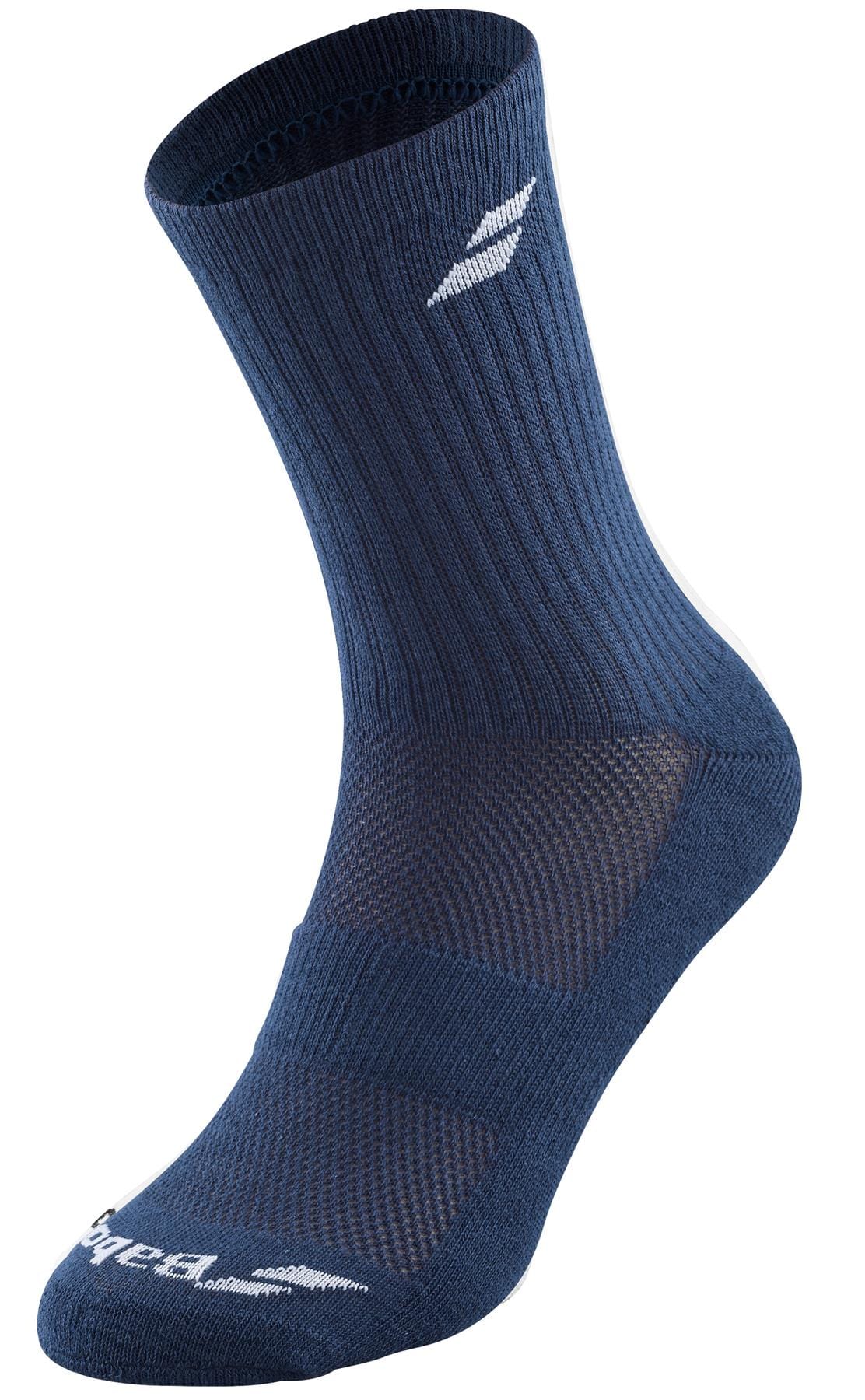 A single Babolat badminton sock in navy blue, featuring a white logo near the top along with additional branding on the foot. This sock, from the Babolat Long 3 Pack Badminton Socks collection in White, Blue, and Grey, is designed with ribbed and mesh-like textures for enhanced breathability to provide exceptional comfort and support during intense matches.