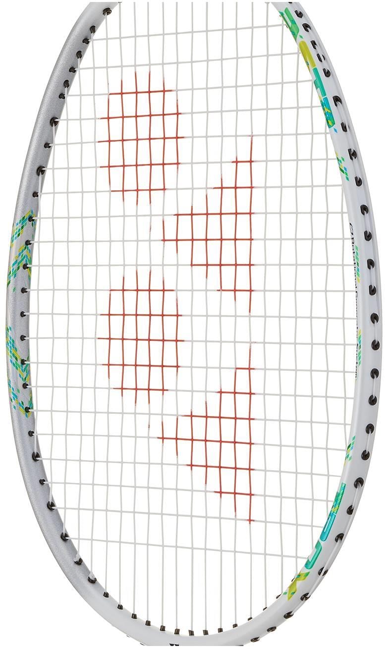 A close-up of the Yonex Astrox 02 Feel 4U Badminton Racket by Yonex, featuring a white frame with green accents, red geometric string patterns, and black grommets.