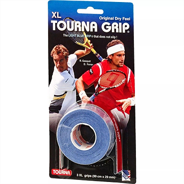 A 3-pack of Tourna Grip XL Badminton Overgrip in blue, featuring images of players. One roll is visible through the packaging. Renowned for superior sweat control during intense play. Brand: Tourna.