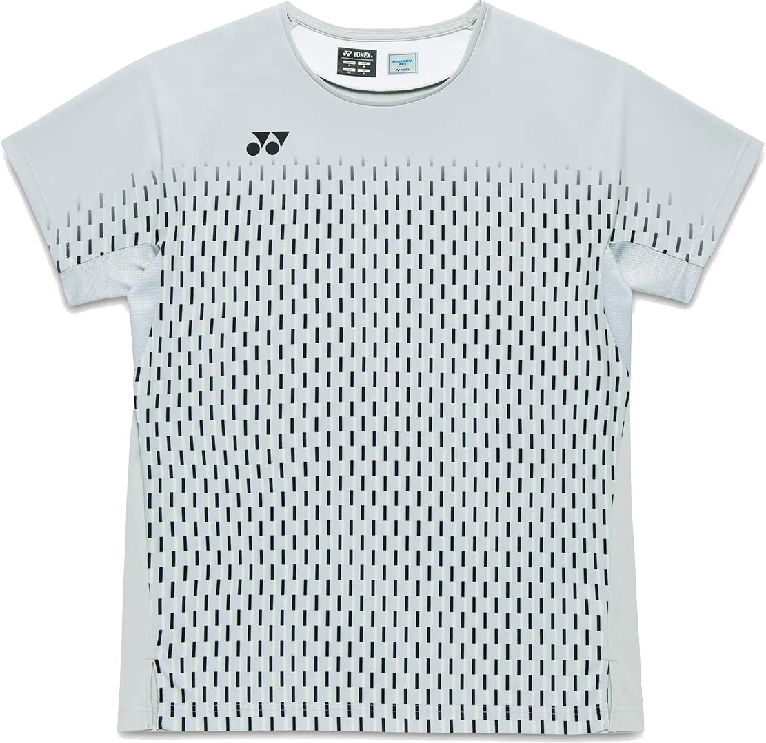 The Yonex 10713EX Crew Neck Men's Badminton T-Shirt in Silver Grey features a pattern of small vertical black lines, a black logo on the upper left chest, and moisture-wicking fabric to keep you cool and dry.