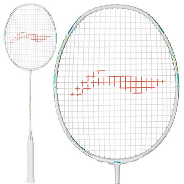 The Li-Ning Axforce 60 4UG5 Badminton Racket in white, with a white grip and orange string bed pattern, showcases its advanced Wing Stabiliser technology in detailed head close-ups and a full view.