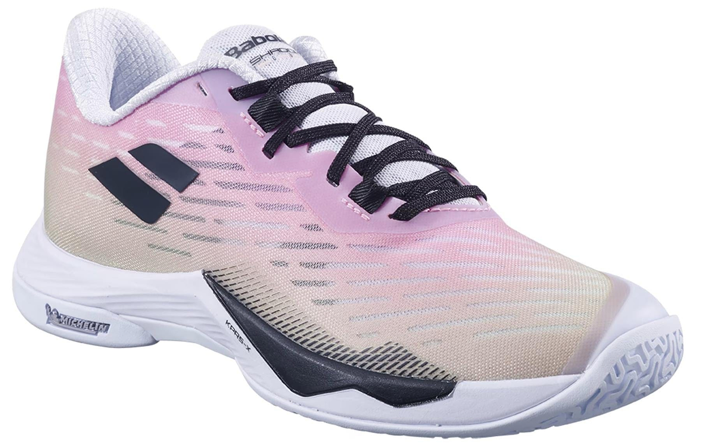 The Babolat Shadow Tour 5 Womens Badminton Shoes in pink/green feature black laces, a white rubber sole, and superior indoor court grip—perfect for sports or training.