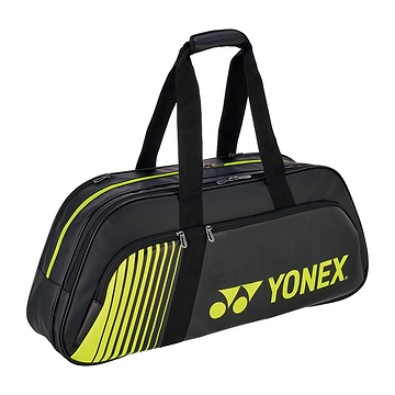 The Yonex 82431WEX Active Tournament Badminton Bag in black/lime features a zippered main compartment, side pocket, sturdy carrying handles, and prominently displays the Yonex logo and stripes—a stylish choice for players wanting to stand out at tournaments.
