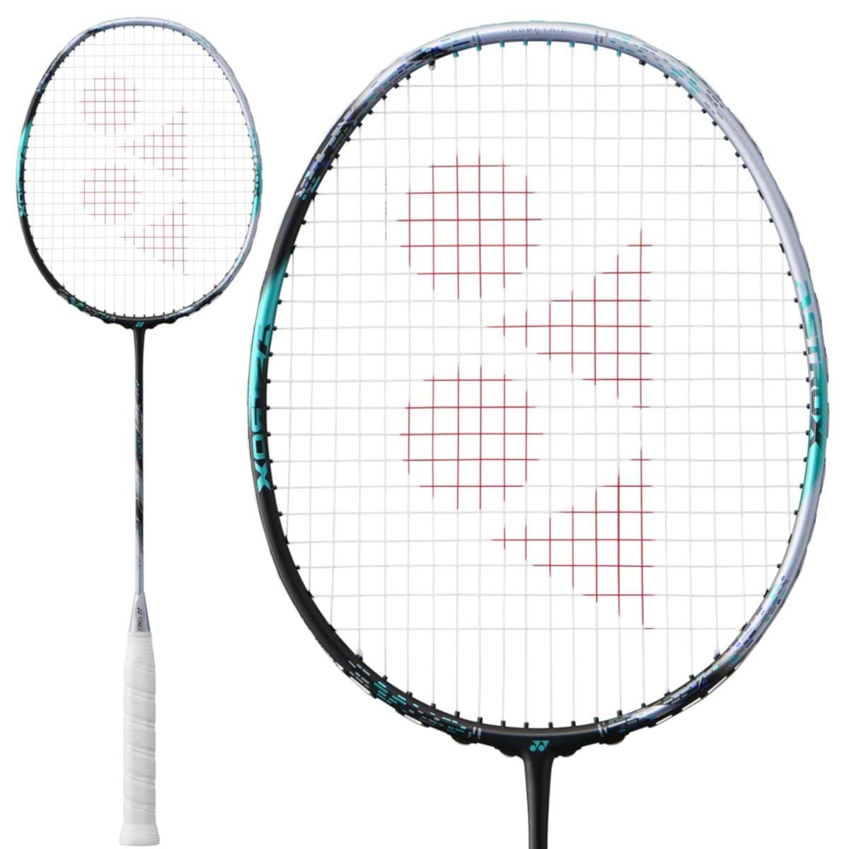 The Yonex Astrox 88D Pro 3U Gen 3 2024 Badminton Racket in Black and Silver features a white grip and a black frame, with red string patterns that create a logo on the netting. Optimized for delivering powerful smashes, it showcases the full view of the racket's design.